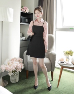Set yếm đen + áo sơ mi hồng (kèm hình thật)
