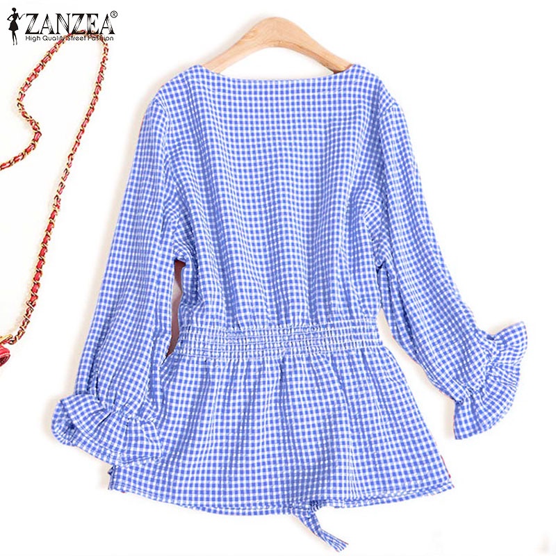 Áo sơ mi Zanzea tay dài họa tiết kẻ sọc caro cổ chữ v thanh lịch cho nữ