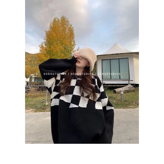 [Mã 2611THTRANG100K hoàn 10% xu đơn 99K] Áo len hoạ tiết CARO TRÁI TIM [FS] áo len form rộng màu đen trắng | BigBuy360 - bigbuy360.vn