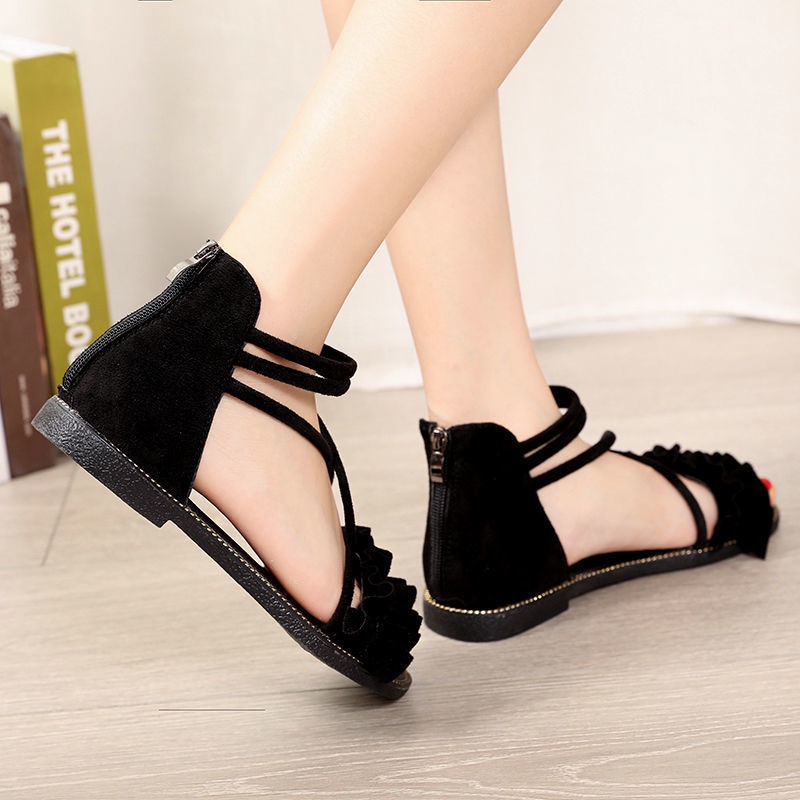 Sandal nữ đi học đế bệt quai nhúng, Xăng đan nữ phong cách harajuku dây chéo móc khóa dễ thương