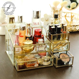 Kệ đựng mỹ phẩm, đồ trang điểm, skincare 2 tầng chất liệu thủy tinh khung gold kim loại sang chảnh