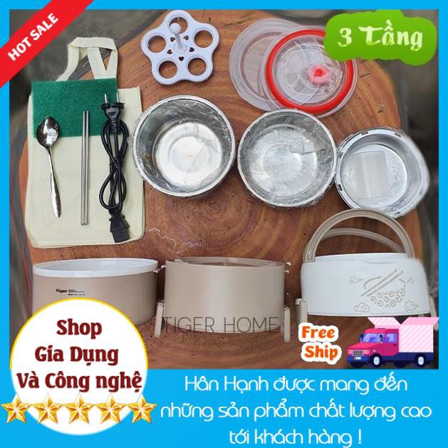 Hộp Cơm Hâm Nóng và Nấu Cơm 3 Tầng, Cao Cấp Tặng kèm Túi Xách, Bộ Đũa Thìa bh 1 đổi 1 model 2021