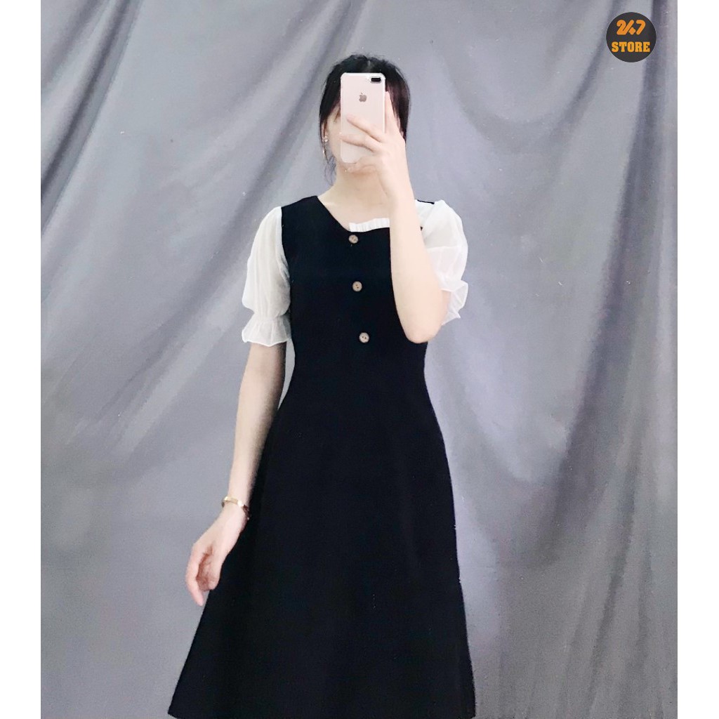 Váy đen công sở cổ lệch cúc gỗ tay voan dáng chữ A 247 STORE | BigBuy360 - bigbuy360.vn