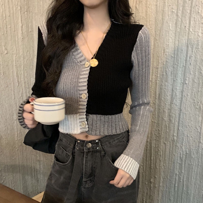 Áo cardigan dáng ngắn dệt kim phối màu sắc thời trang cho nữ