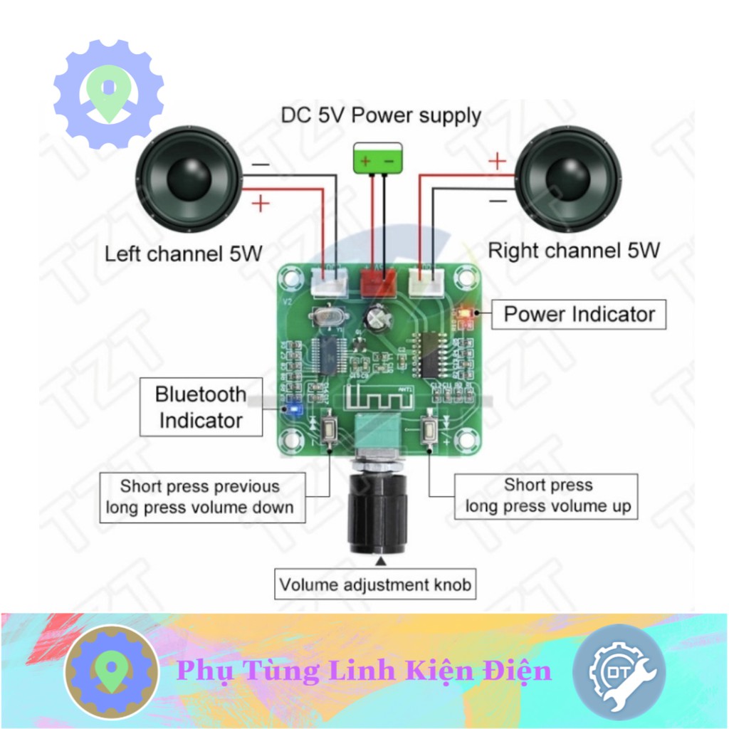 Mạch DIY Khuyết Đại Âm Thanh 2.0 Công Suất 5W x 2 Bluetooth Không Dây