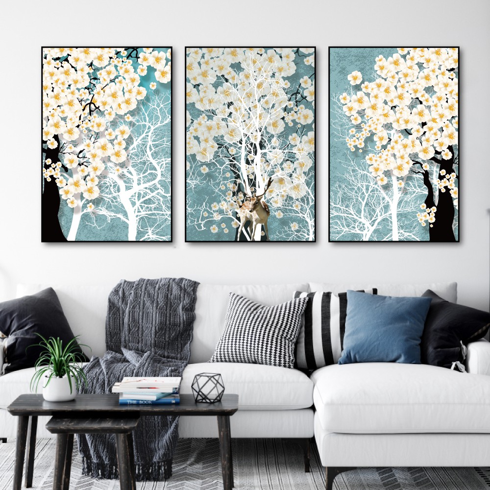 Tranh treo tường canvas hoa bạch mai decor trang trí phòng khách và phòng ngủ có khung cao cấp bộ 3 bức khổ lớn 40x60