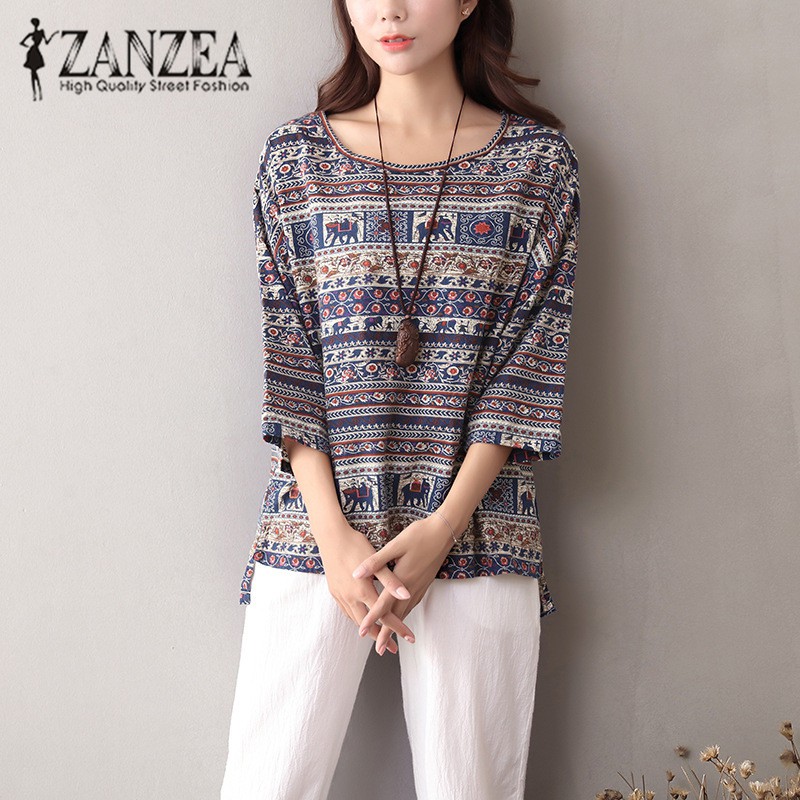 ZANZEA Women Casual Floral Printing 3/4 Sleeve O-neck Loose Vintage Blouse
