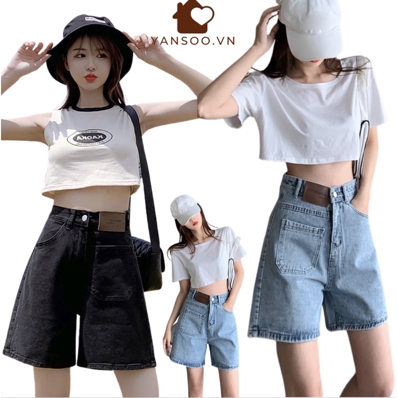 Quần jean ngố ống rộng may mác cắt gấu ngang đùi tag da túi hộp lệch cạp cao cá tính by YANSOO JL02