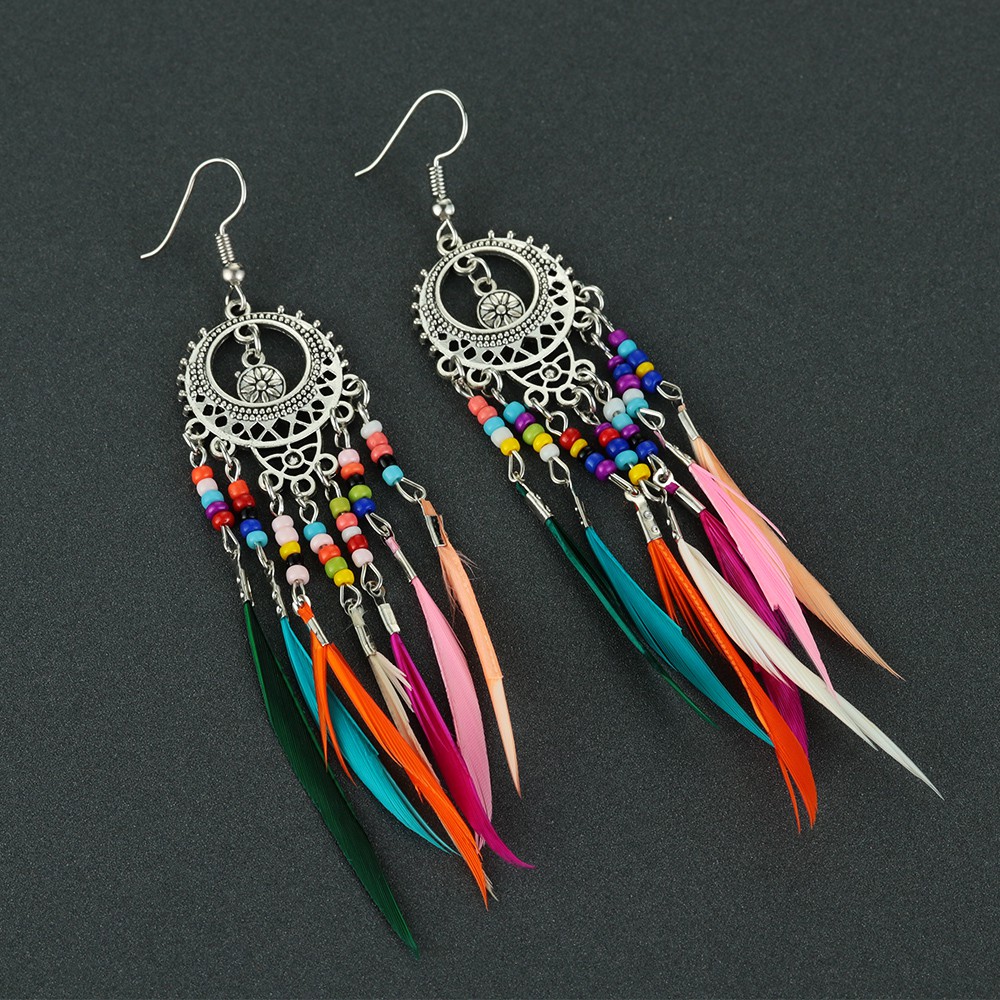 Khuyên Tai Trang Sức Dành Cho Nữ|Khuyên Tai Dáng Dài Phối Lông Vũ Nhiều Màu Sắc Phong Cách Boho Cổ Điển