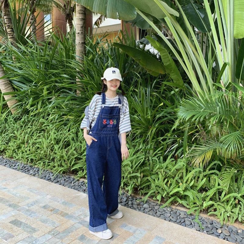 Quần yếm bò xanh đậm hình 3 chú gấu bear xinh xắn ống dài suông hách dáng hot TikTok