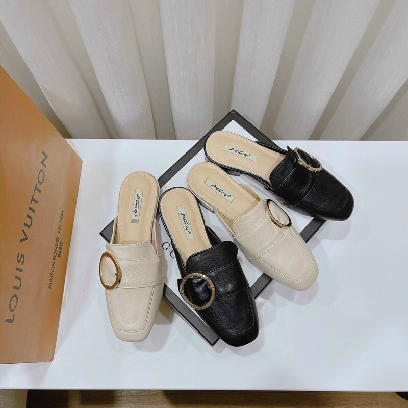 Giày Sục Nữ Hở Gót Đế Thấp Mũi Vuông Tag Khoá Tròn Mới 2021_Shop Thiện Đạt