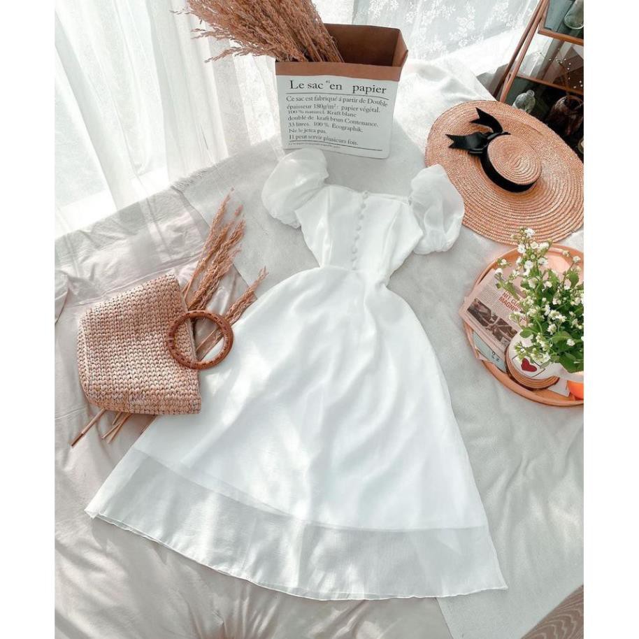 Đầm xòe tay phồng phối nút ngực chất tơ xinh cực Bori dress [KÈM ẢNH THẬT] | BigBuy360 - bigbuy360.vn