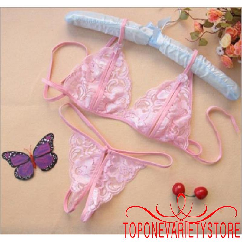 Set 2 Món Đồ Lót Ren Cổ Chữ V Khoét Sâu Xuyên Thấu Màu Trơn Gợi Cảm Cho Nữ