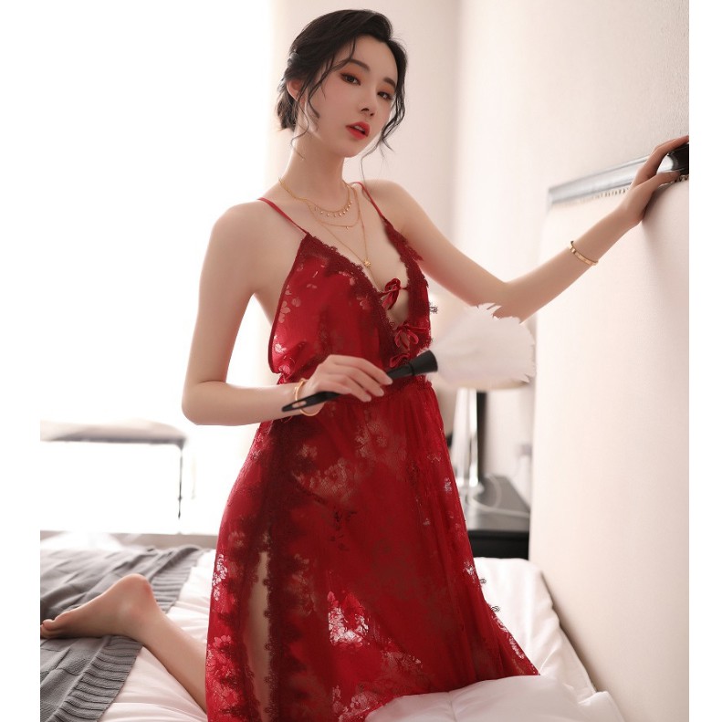[Che tên] Đầm ngủ hai dây phối ren Sexy Girl - Đỏ