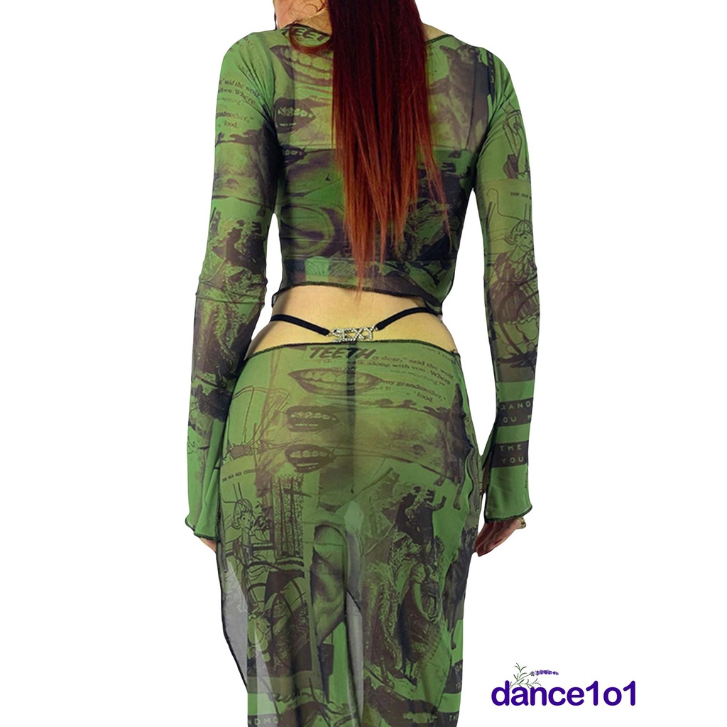 Áo Lưới Tay Dài Hở Rốn In Họa Tiết Thời Trang Cho Nữ Q7