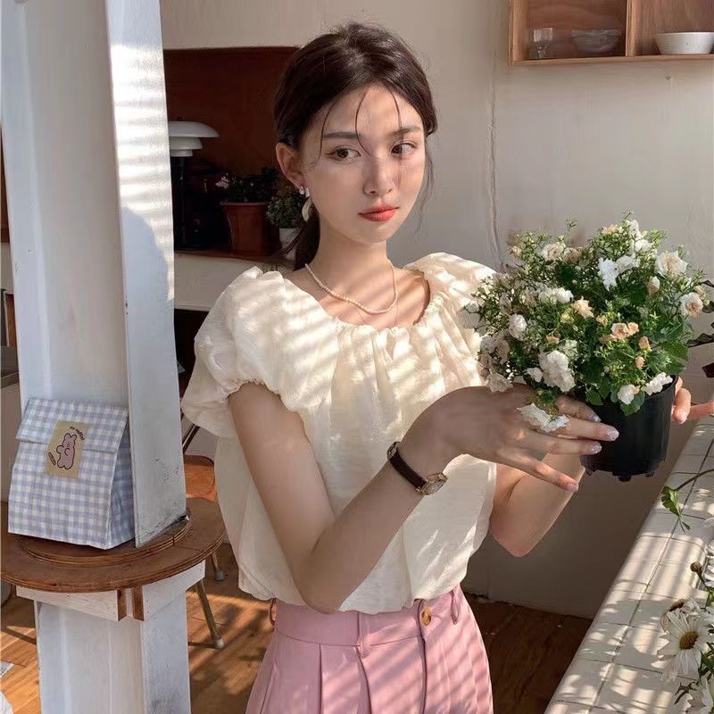 Áo Trễ Vai Tay Phồng Ngắn Dáng Ôm Thời Trang Mùa Hè Xinh Xắn Cho Nữ