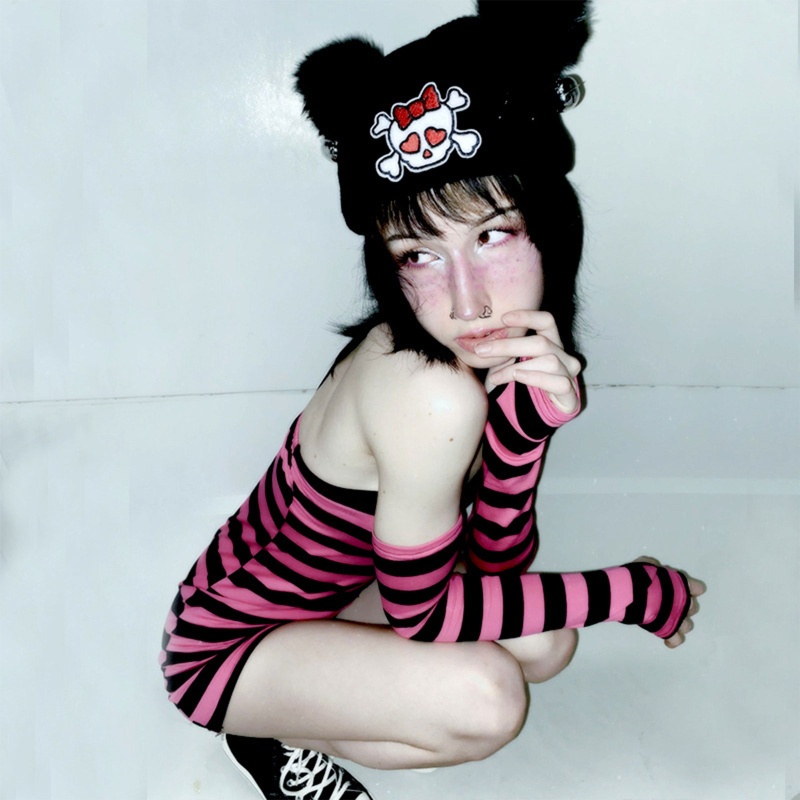 Brroa Đầm Hai Dây Dáng Ôm Hở Vai In Họa Tiết Kẻ Sọc Phong Cách Gothic Punk Với Tay Áo Cho Nữ Co