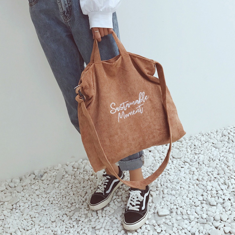 IELGY Túi Đeo Vai Vải Nhung Kẻ Thêu Chữ Cái Thời Trang Cho Nữ