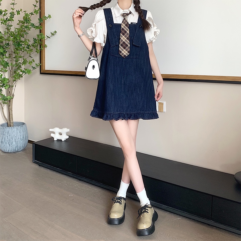 【HangFei】Đầm Yếm Denim Phối Bèo Plus Size Thời Trang