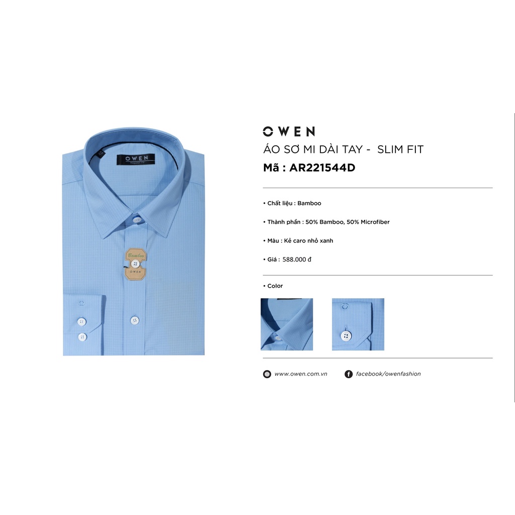 Áo Sơ Mi Nam Dài Tay OWEN AR221544D Somi Công Sở Vải Sợi Tre Cao Cấp Màu Kẻ Caro Nhỏ Xanh Dáng Suông Tà Lượn Không Túi