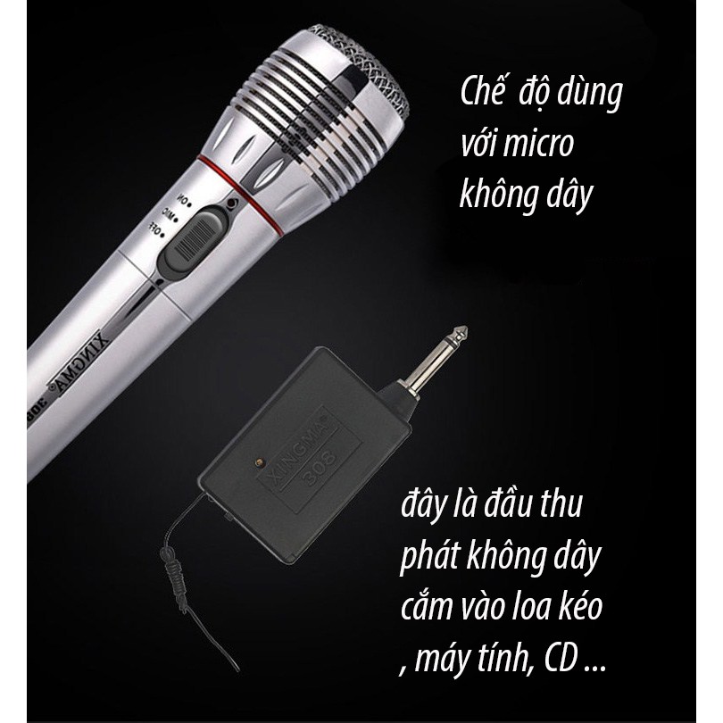 Micro karaoke không dây, Mic hát karaoke không dây kết hợp có dây AK 308 cao cấp chống hú