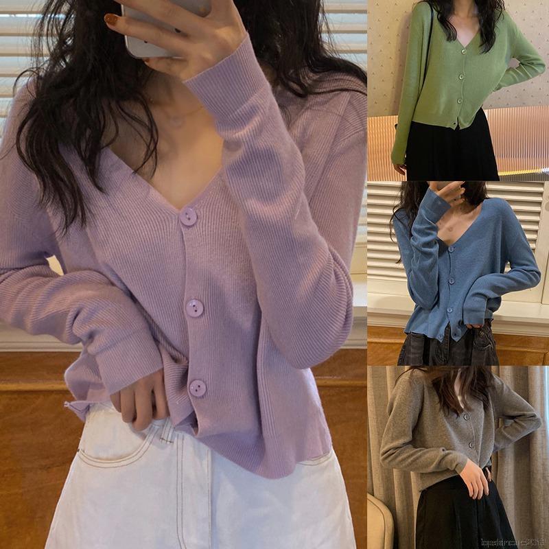 Fashion Women's Solid V-Neck Casual Long Sleeve Button Up Knitted Cardigan Tops | BigBuy360 - bigbuy360.vn