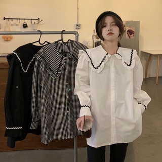 Áo sơmi nữ cổ bèo form rộng - Áo sơ mi nữ babydoll dáng rộng viền caro, trắng siêu xinh. MET SHOP 1989