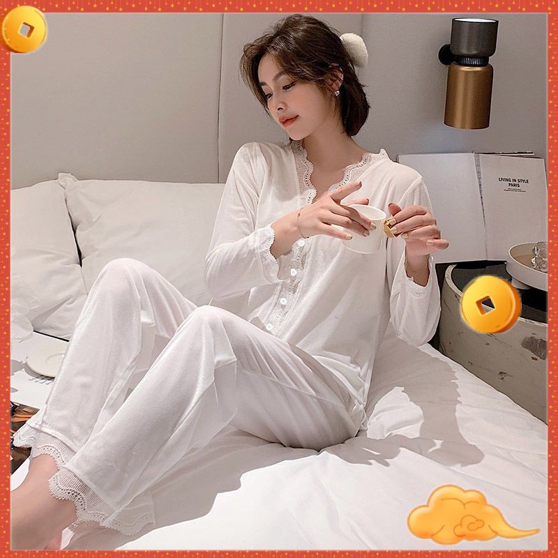 Bộ áo dài tay và quần dài cho màu trơn phối ren thời trang ngủ cao cấp cho nữ 