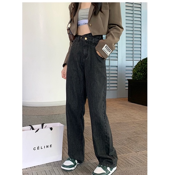 Quần jean lưng cao ống rộng phong cách sành điệu sang trọng cho phụ nữ Xiaozhainv