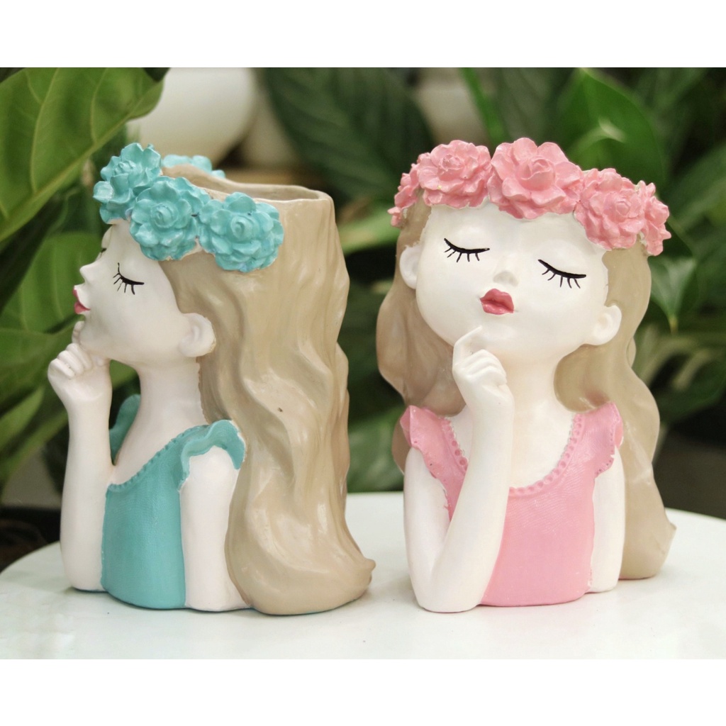 Chậu Cây Cảnh Trang Trí Để Bàn, Hoa Khô, Cây cảnh phong thủy Hình Cô Gái