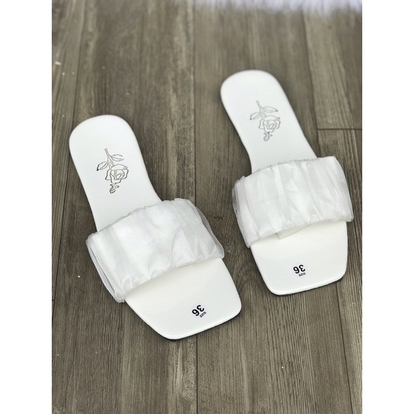 Dép nữ quai ngang vải dúm đế bệt đi chơi