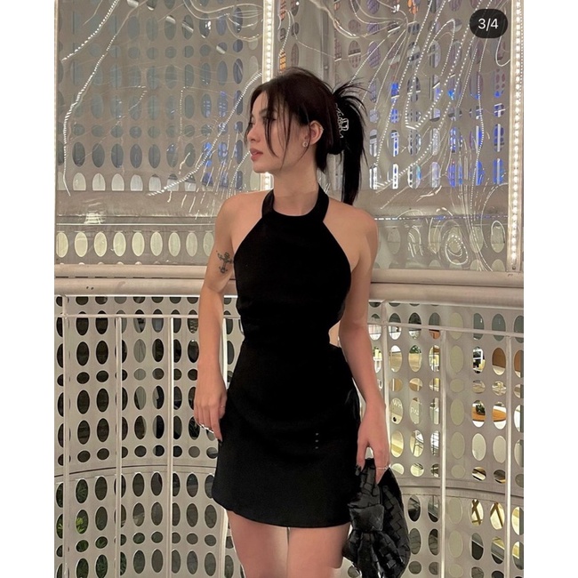 SET ĐẦM YẾM ĐEN CUTOUT LƯNG KÈM KHOÁC