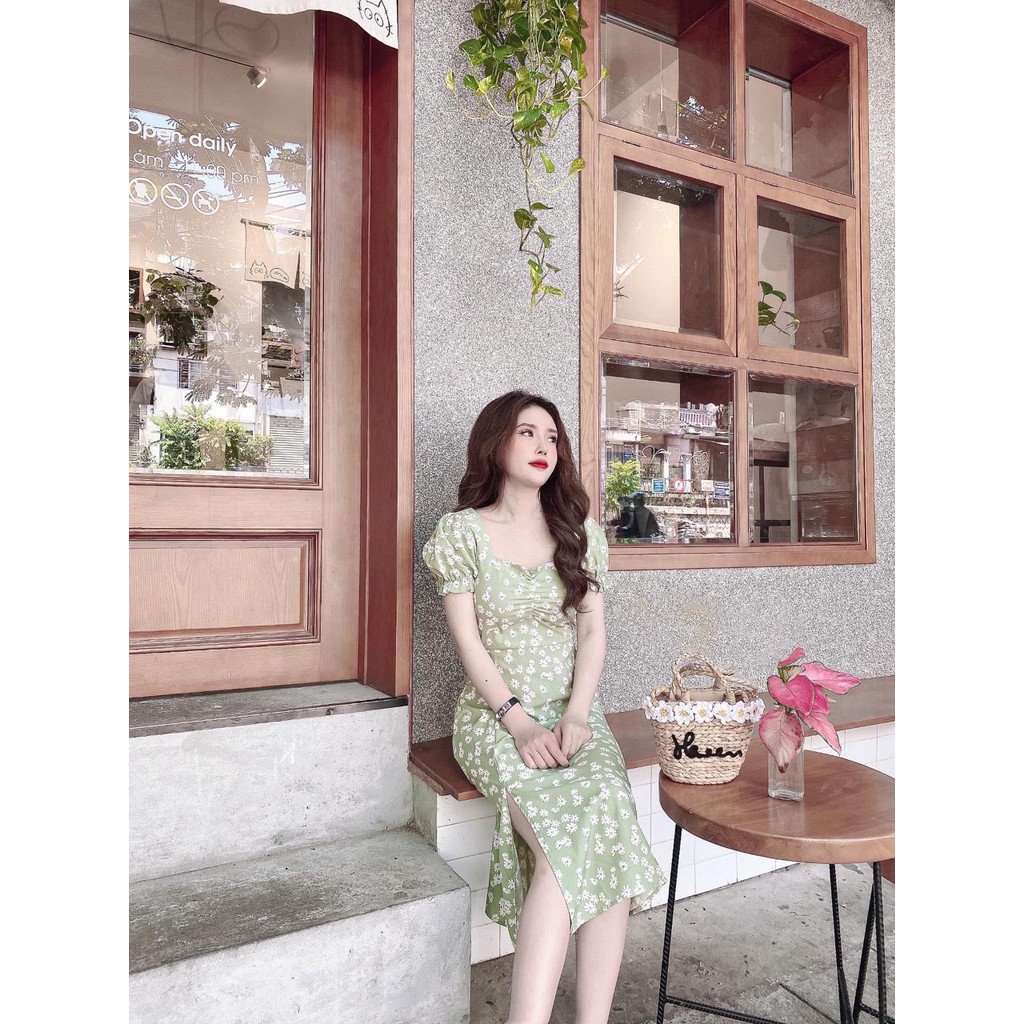 Váy Đầm Nữ Đi Chơi Hoa Cúc Rúm Ngực Tay Bồng Xẻ Tà Nữ Tính Xinh Xắn Thời Trang Habana123456 | BigBuy360 - bigbuy360.vn