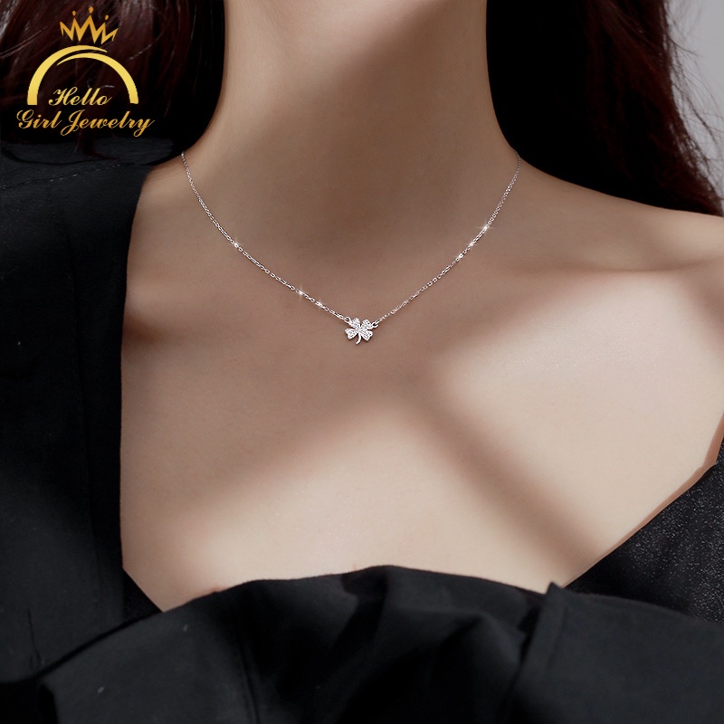 Vòng cổ Mạ Bạc 925 Mặt Cỏ Bốn Lá Đính Đá Sang Trọng