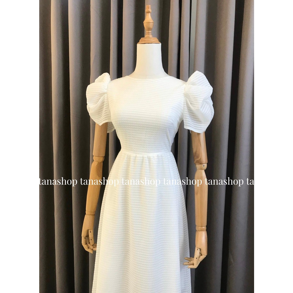 Váy tiểu thư dự tiệc tay phồng cổ tròn mặc dự tiệc Trắng Đen Xanh Bơ Thaingashop D0597