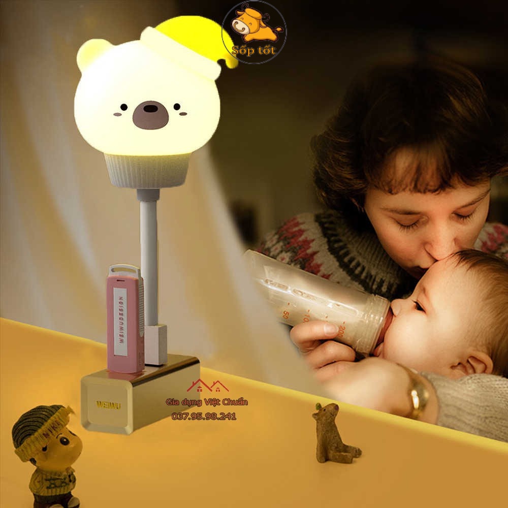 Đèn ngủ cắm điện USB hoặc sạc dự phòng cảm ứng 3 mức sáng có điều khiển hẹn giờ gấu thỏ