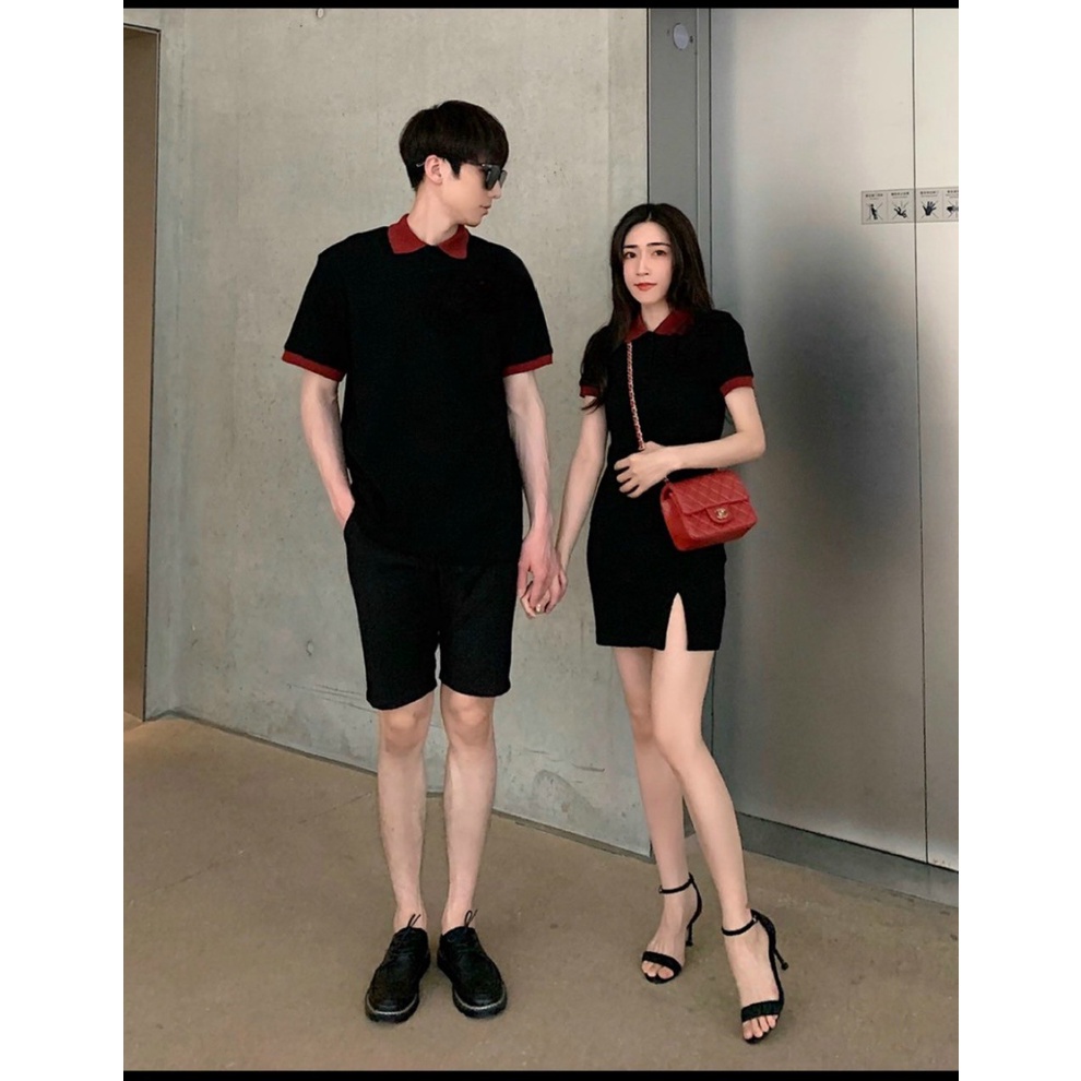 Đầm nữ áo thun nam màu đen phối cổ đỏ cao cấp, đồ đôi nam nữ vải polo cá tính