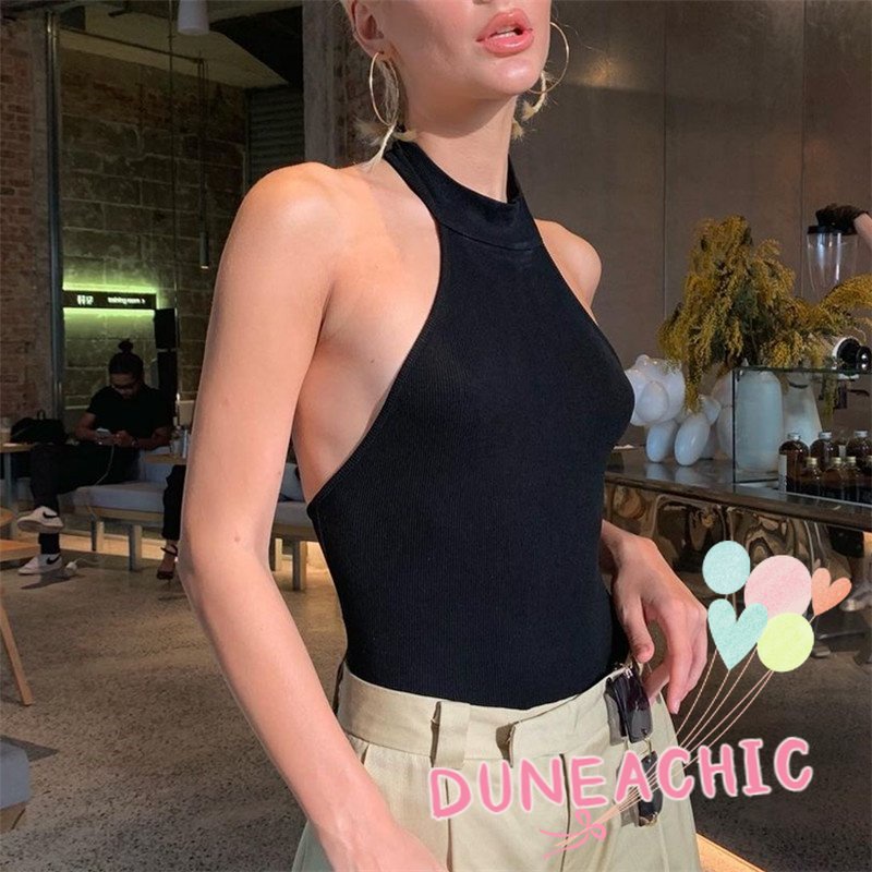 DUNEA Áo Liền Quần Hở Lưng Không Tay Màu Trơn Phong Cách Đường Phố Gợi Cảm