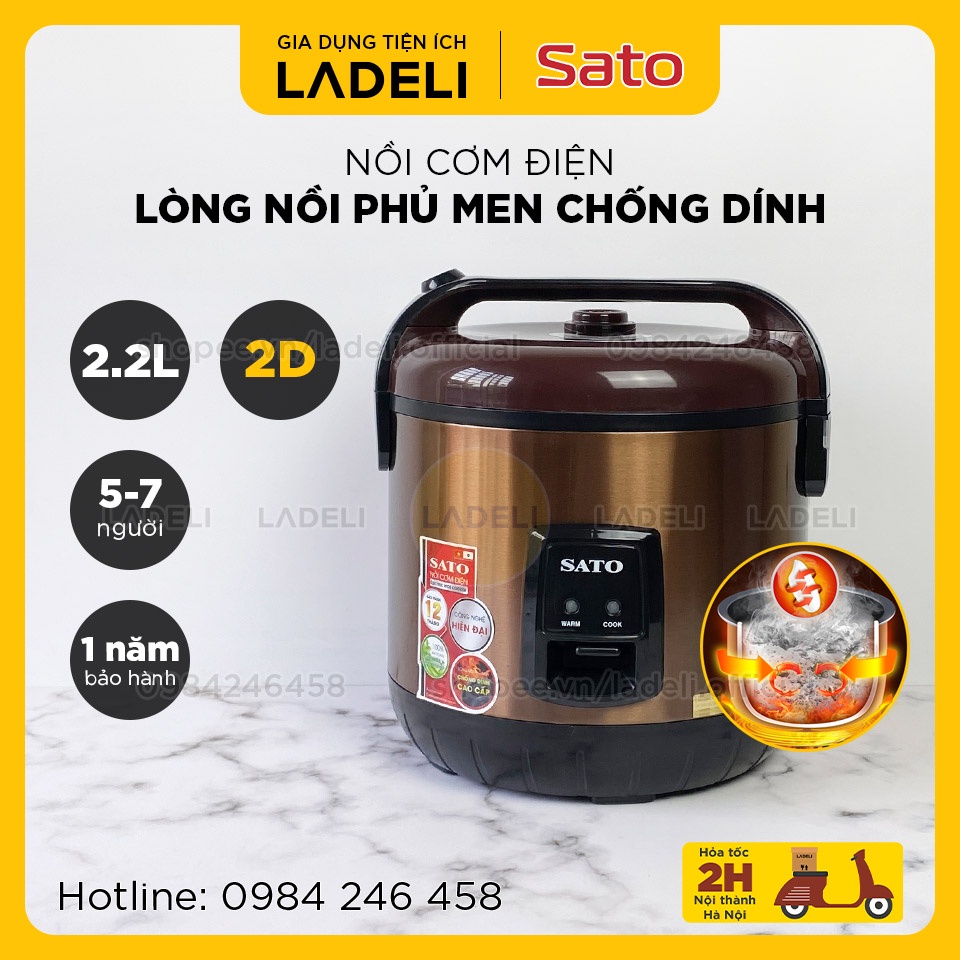 [Mã ELHADEV giảm 4% đơn 300K] Nồi cơm điện 2.2L SATO 22F022 vỏ tôn, lòng nồi phủ men chống dính, ủ ấm đa chiều