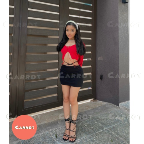 Áo croptop tay dài đỏ chân váy đen basic cột dây tôn dáng ôm eo thiết kế sang chảnh, đi chơi chụp ảnh Carrotxinhdep