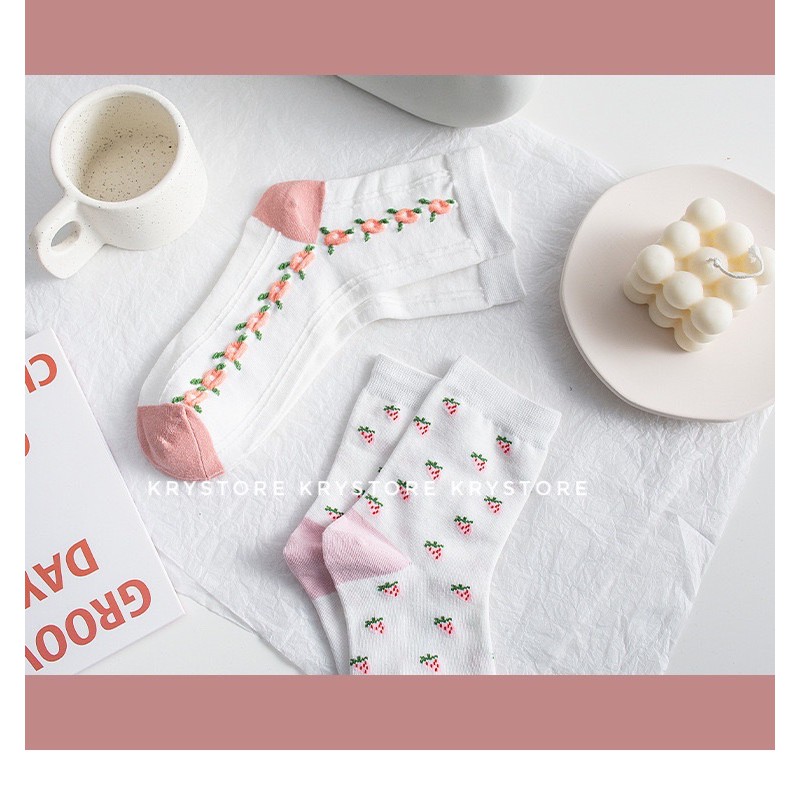 Set tất nữ họa tiết hoa quả màu hồng phong cách Hàn Quốc TC04
