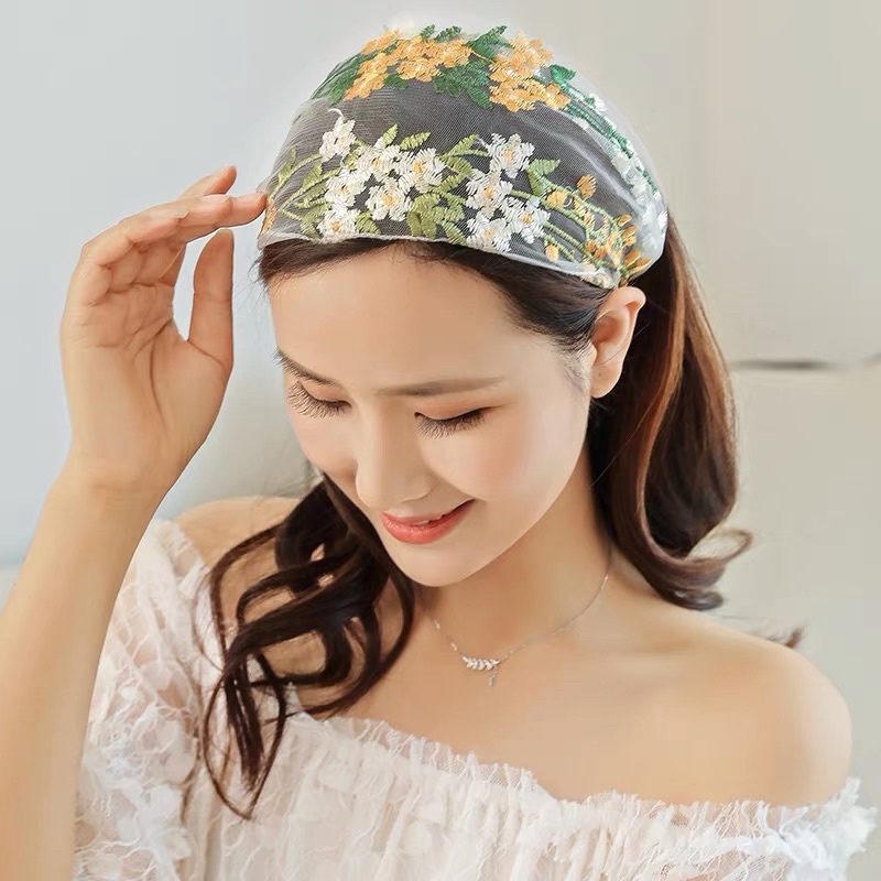 Băng đô tóc lưới thêu hoa nữ tính - Maben