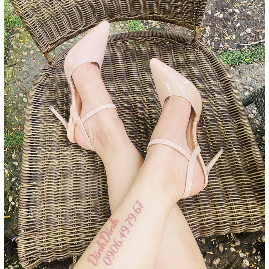 Giày Sandal cao gót nữ bít mũi, đế Pháp đỏ gót nhọn cao 9cm quai hậu khóa cài chất da bóng  - DinhDinh Store