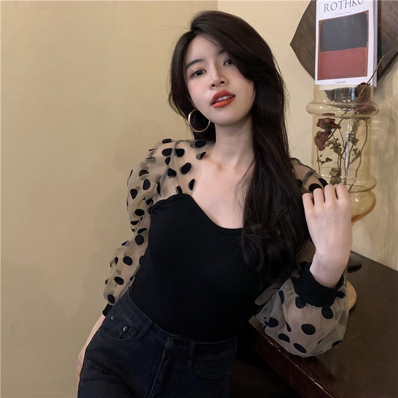 Áo Sơ Mi Cổ Vuông Tay Phồng Họa Tiết Chấm Bi Thời Trang Mùa Thu Mới Cho Nữ