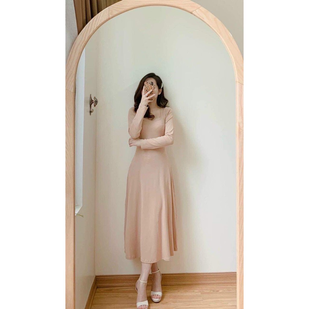 [HÀNG MỸ] Đầm midi xoè FOREVER21 thun cotton bozip vintage tay dài cổ vuông màu ...