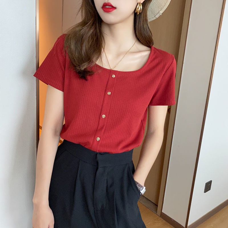 Áo Thun Ngắn Tay Cổ Vuông Phong Cách Hàn Quốc Mẫu Mới Thời Trang Mùa Hè Cho Nữ