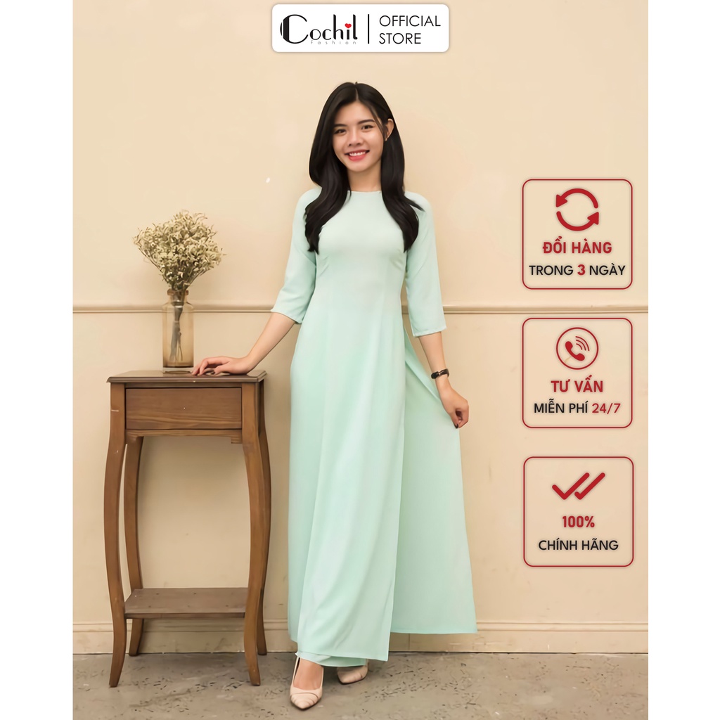 Áo Dài Truyền Thống Cổ Tròn Tay Lỡ Màu Xanh Bạc Hà- Áo Dài COCHIL - AD001