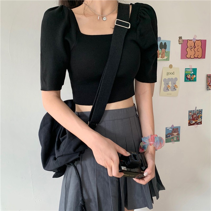 Áo croptop dệt kim tay ngắn cổ vuông thời trang Hàn Quốc