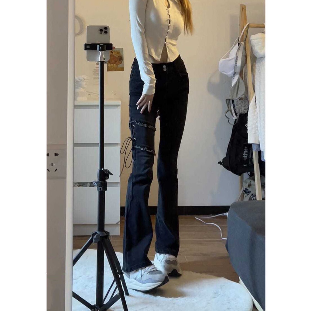 Jiashucheng Quần Jean Lưng Cao Dáng Ôm Cột Dây Thời Trang Đường Phố Mới Cho Nữ