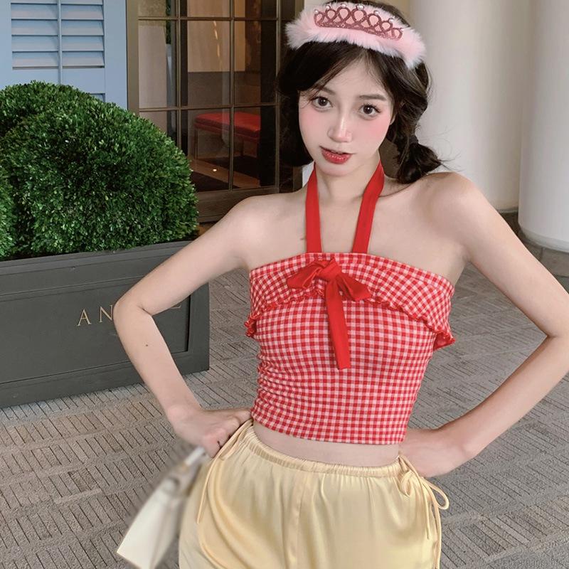 Áo Croptop Dệt Kim Hai Dây Họa Tiết Sọc Caro Phối Nơ Thời Trang Cho Nữ